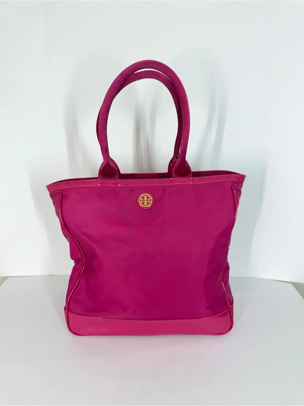 Tory Burch Womens Nylon Tote Bag Hot Pink Patent Trim Handbag Travel Work Casual